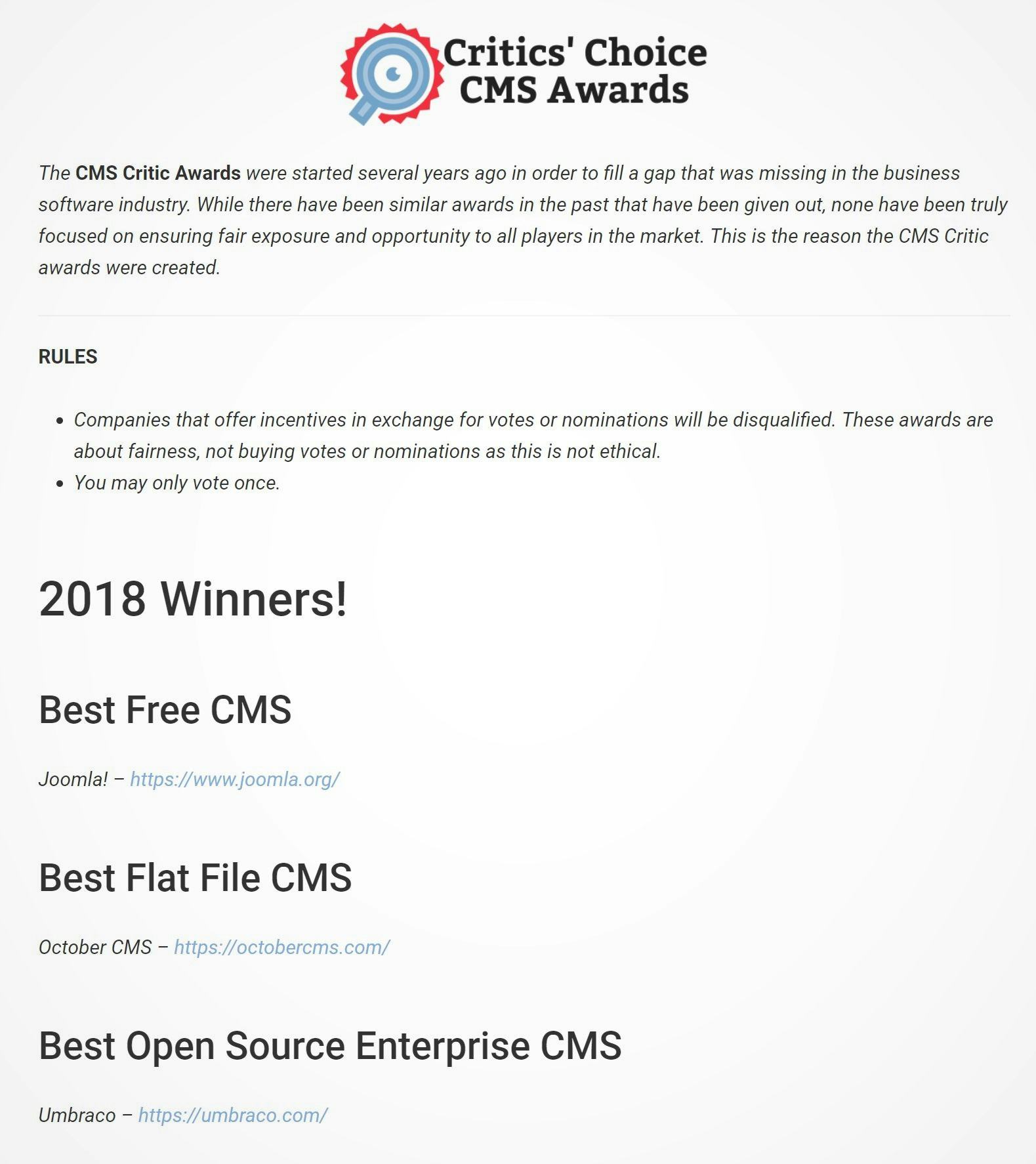 Screenshot des Critics' Choice CMS Award 2018