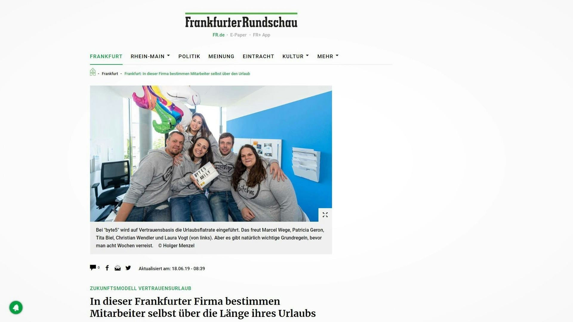 Screenshot eines Artikel in der Frankfurter Rundschau: Vertrauensurlaub bei byte5