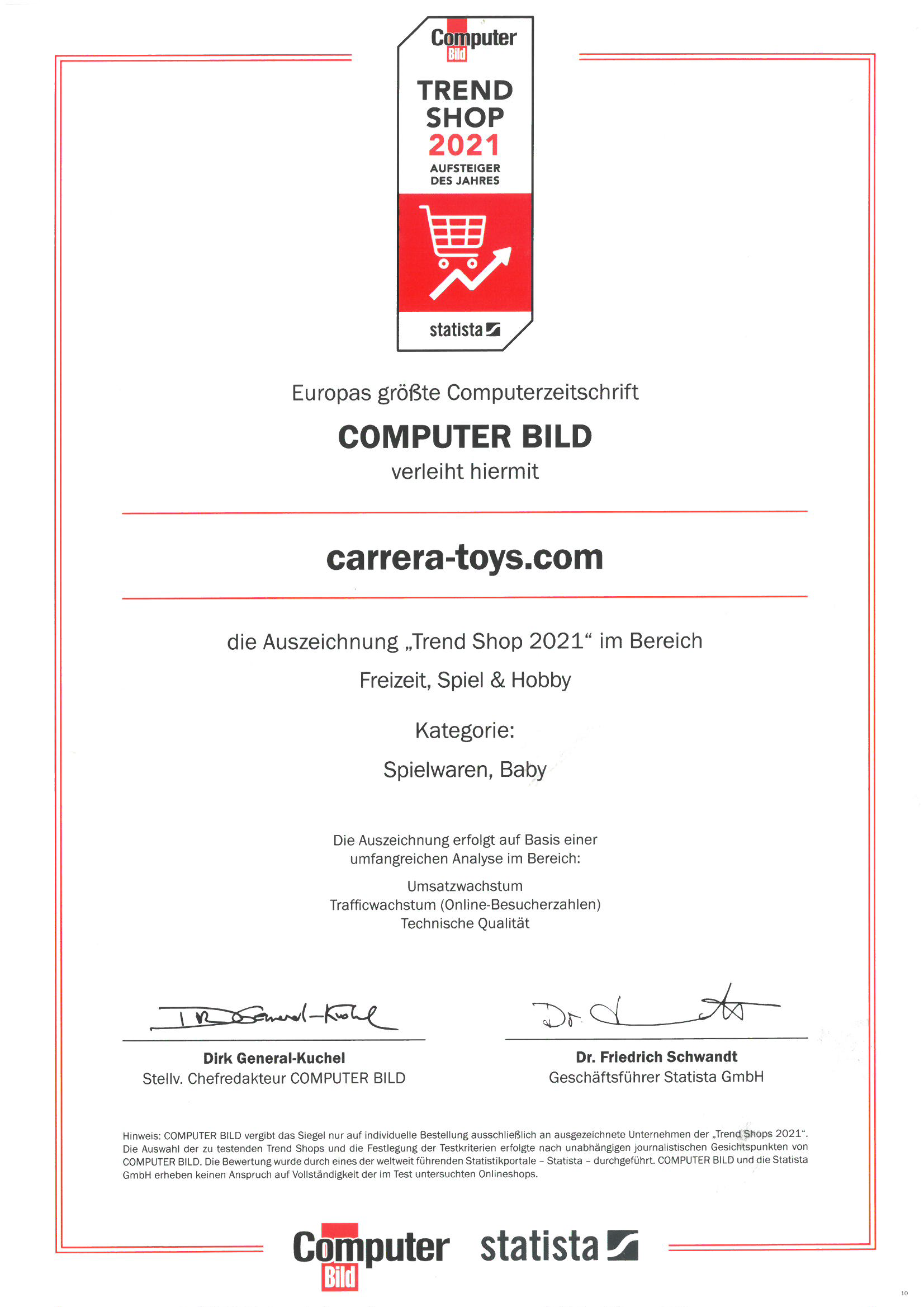 Urkunde: Der Carrera-Webshop von byte5 ist Trend Shop 2021